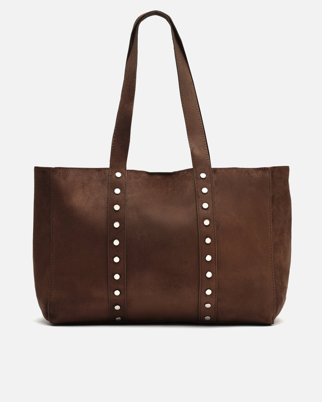 Junichi-1 Große Shopper-Tasche in Wildlederoptik mit herausnehmbarem Kulturbeutel und Metallverzierungen