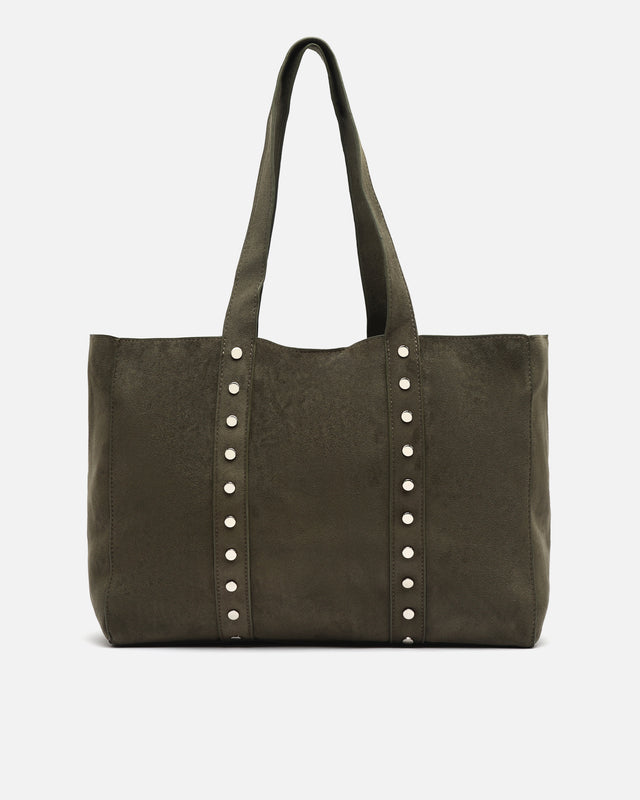 Junichi-1 Große Shopper-Tasche in Wildlederoptik mit herausnehmbarem Kulturbeutel und Metallverzierungen