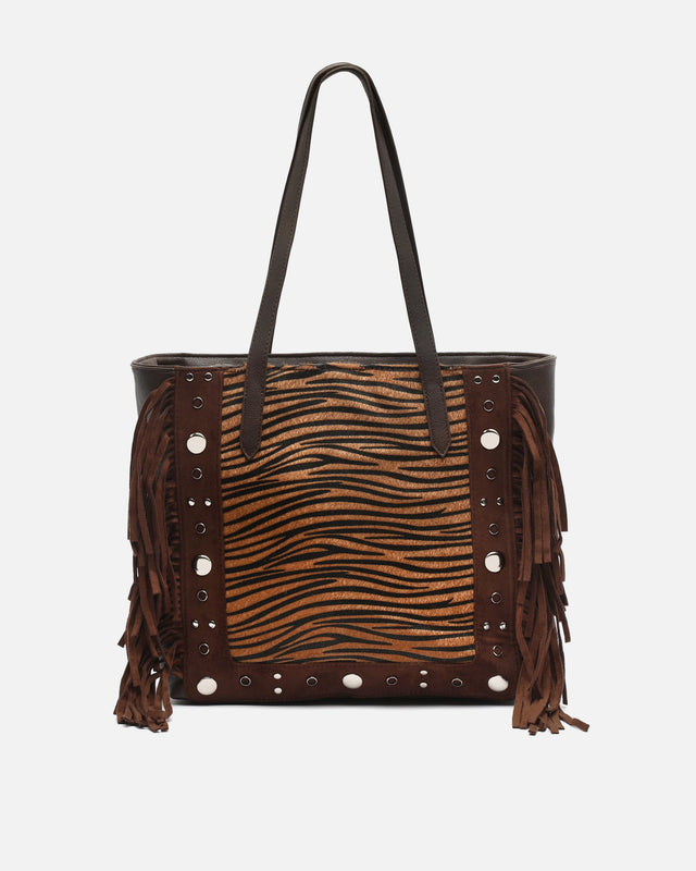 Catrinas-1 large animal print shopper bag with metallic details and fringes 