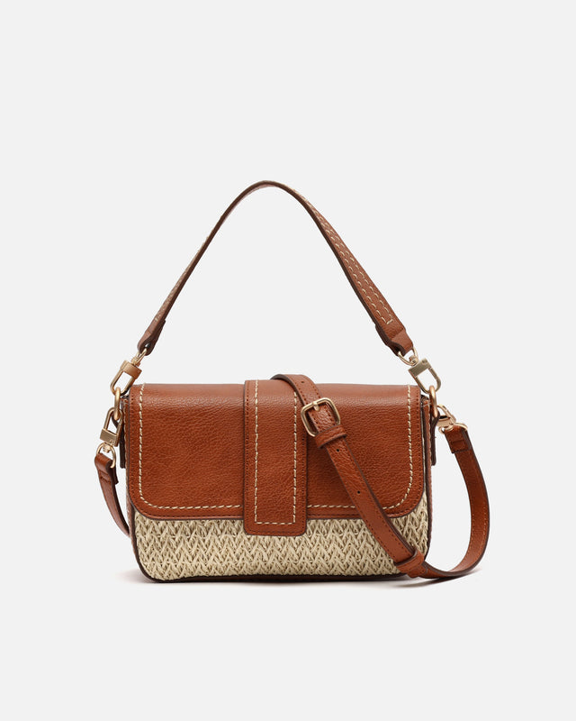 Tichin borsa a tracolla piccola con patta effetto rafia