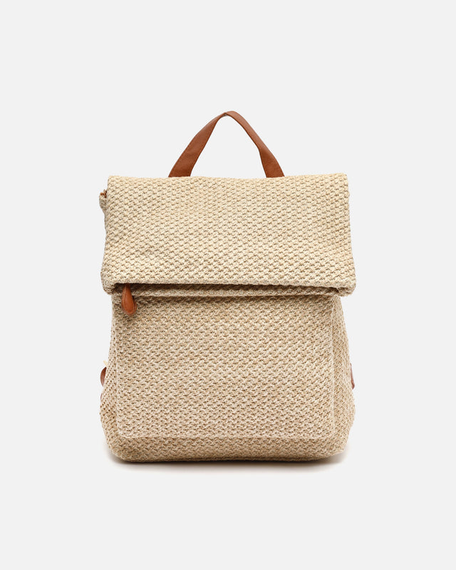Ralen raffia-effect flap backpack