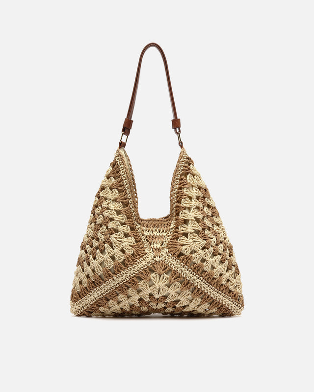 Ushu raffia-effect hobo bag with print