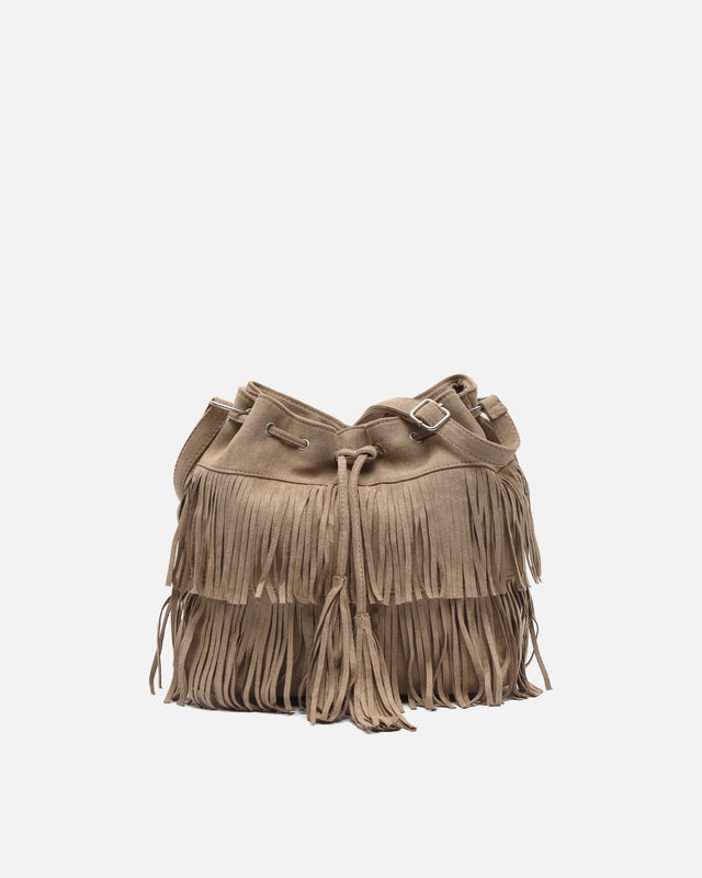Apache mala bucket efeito camurça com franjas 