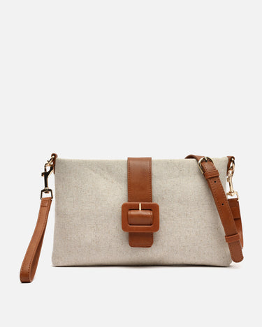 Soro handtas met schouderriem in raffia-look en detailgesp sluiting 