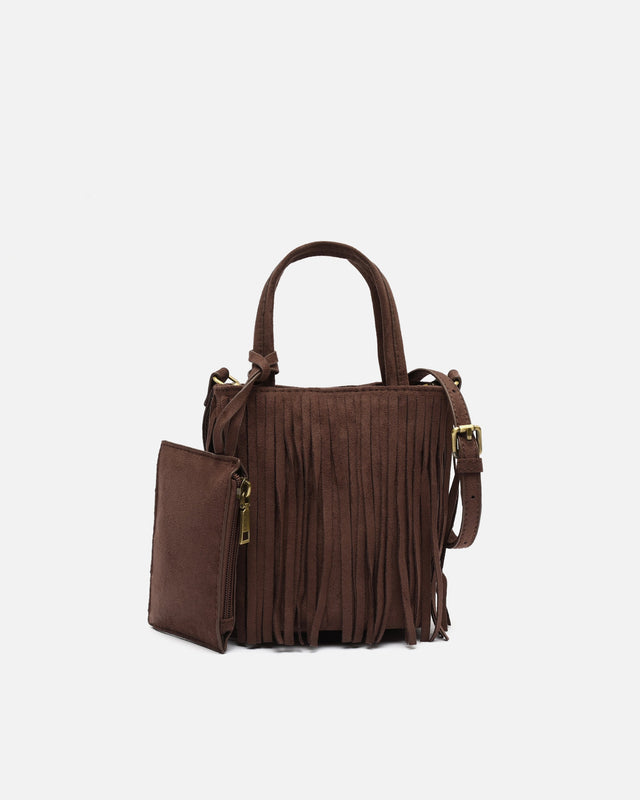 Morodi bolsa tote pequena de festa com franjas efeito camurça e detalhe pendente
