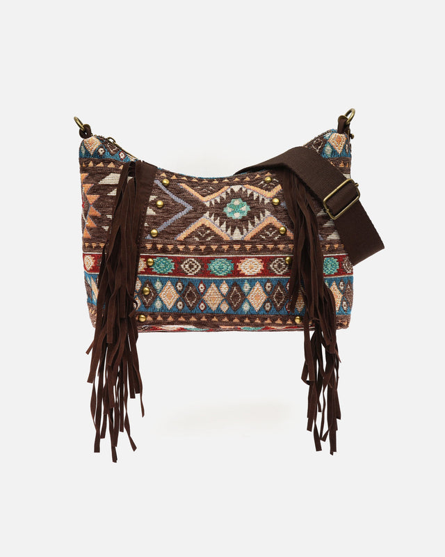 Vana mala tiracolo jacquard com franjas e detalhes metálicos