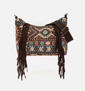 Vana bolso bandolera jacquard con flecos y detalles metálicos 