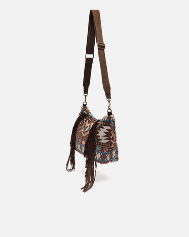 Vana bolso bandolera jacquard con flecos y detalles metálicos 