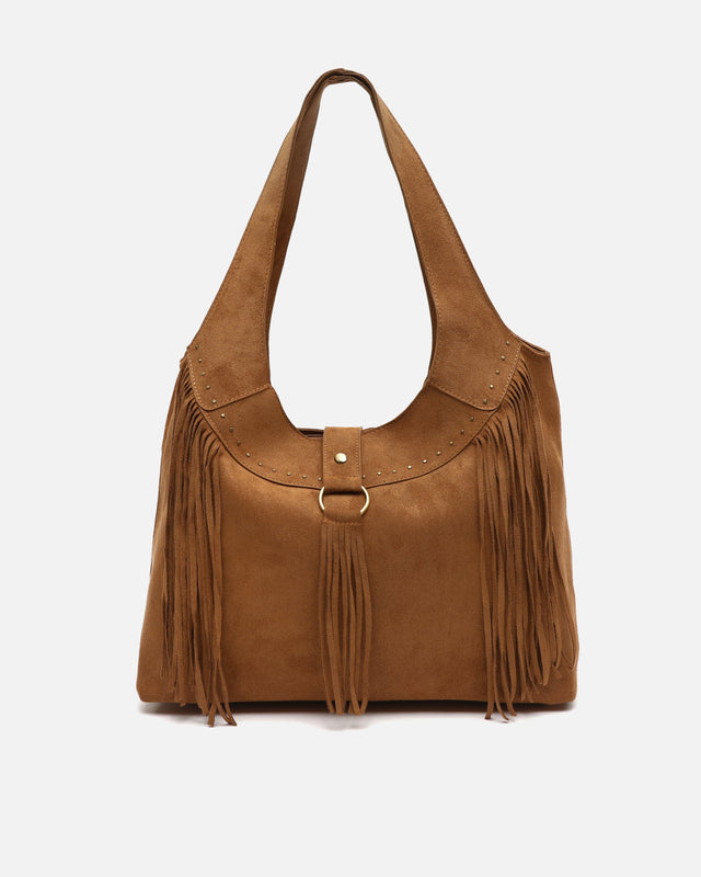 Seysino bolso de hombro grande efecto ante con flecos y detalles metálicos
