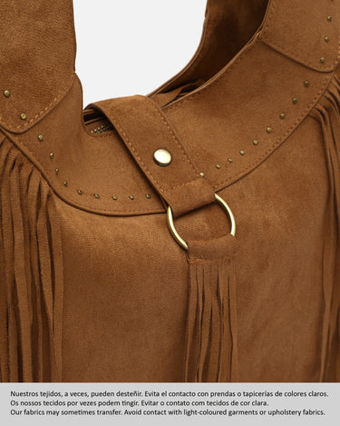 Seysino bolso de hombro grande efecto ante con flecos y detalles metálicos 