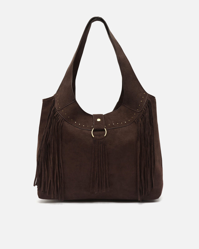 Seysino bolso de hombro grande efecto ante con flecos y detalles metálicos
