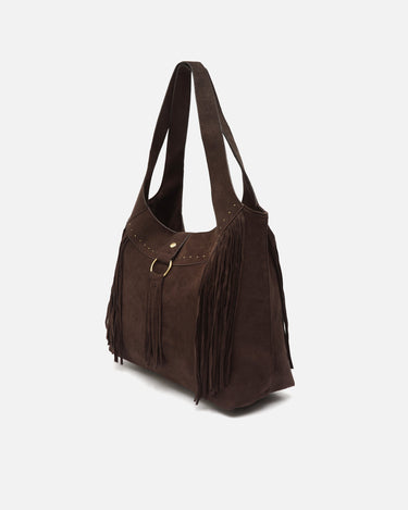 Seysino bolso de hombro grande efecto ante con flecos y detalles metálicos 
