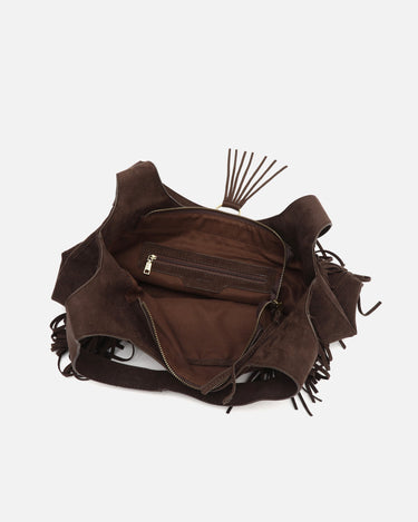 Seysino bolso de hombro grande efecto ante con flecos y detalles metálicos 
