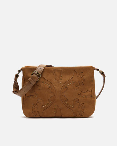 Dobli bolso bandolera efecto ante con detalles metálicos 