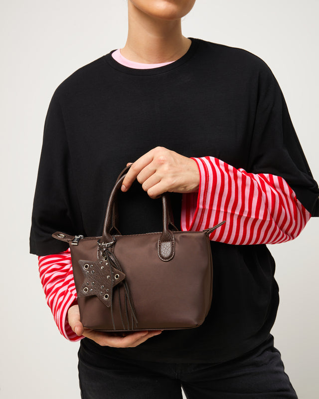 Cloti nylon tote bag with removable shoulder strap and hanging detail