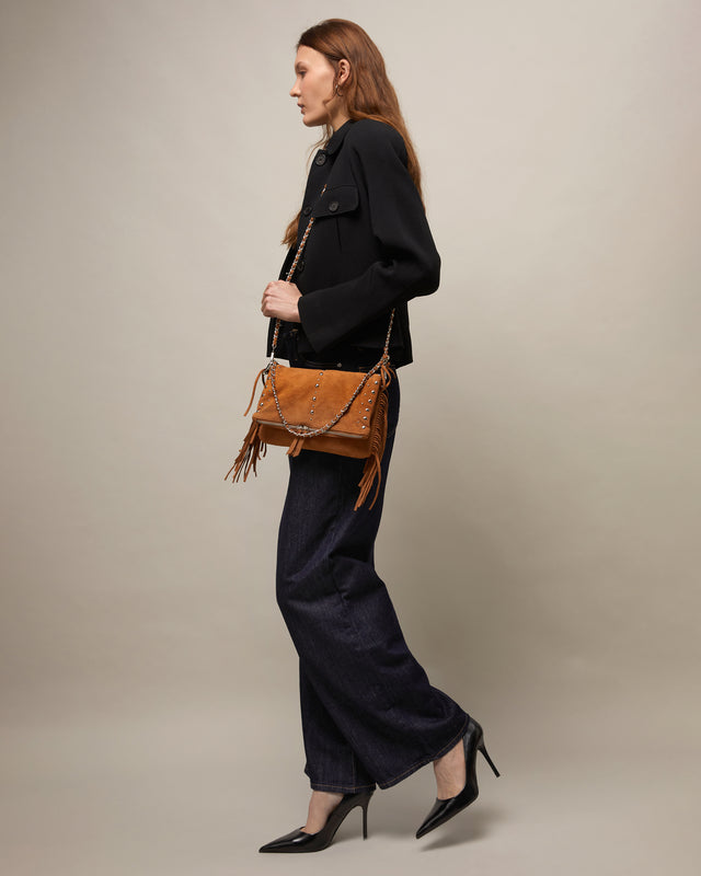 Flequichu sac à épaule effet daim avec détails métalliques et franges 