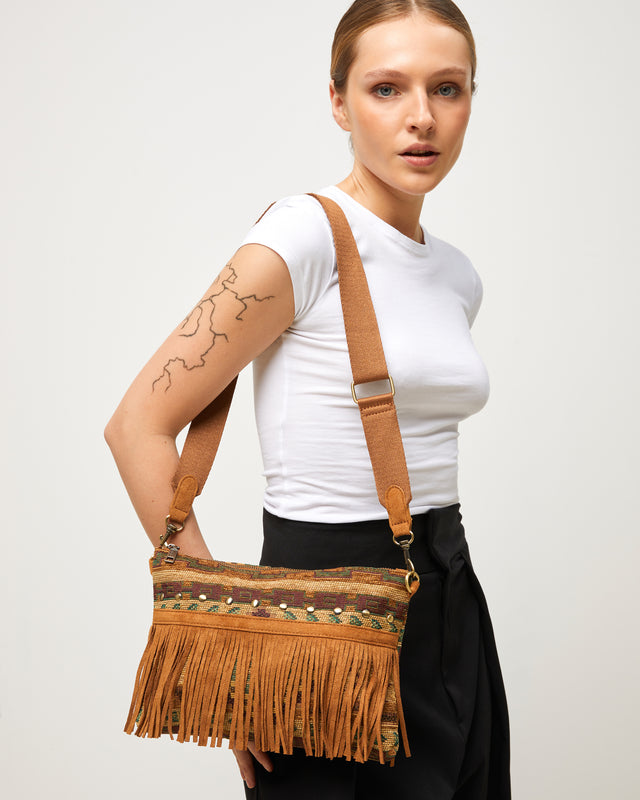 Jovani borsa a tracolla in jacquard con frange e dettagli metallici