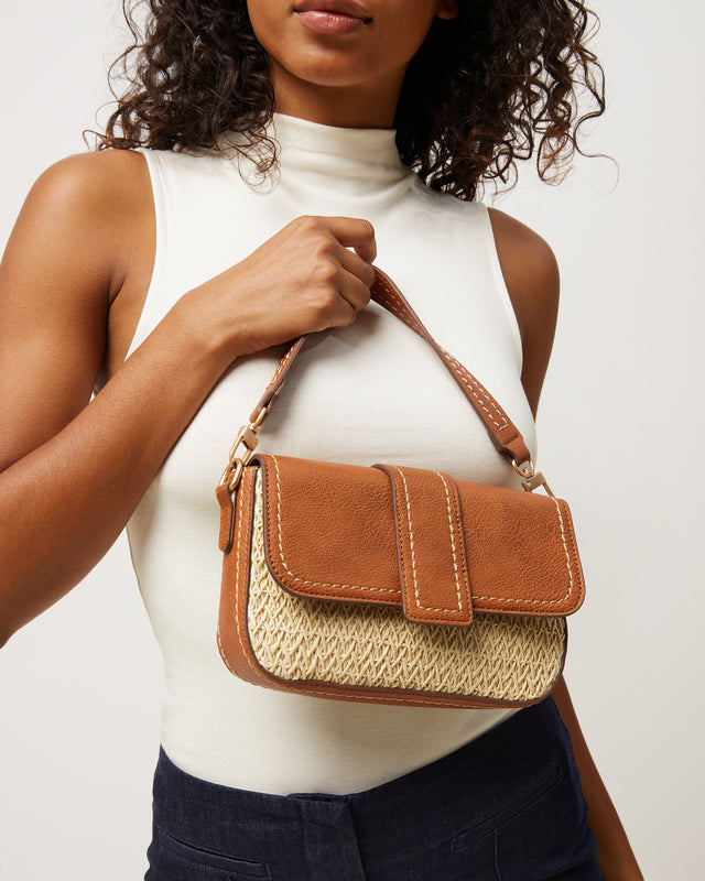 Tichin petit sac bandoulière avec rabat effet raphia