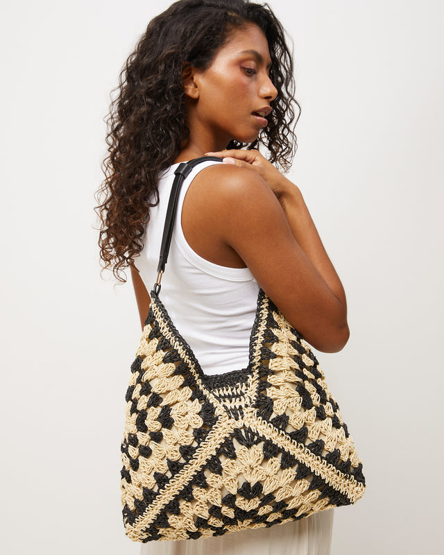 Ushu raffia-effect hobo bag with print